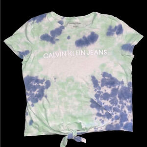 Calvin Klein Jeans Womens Blue Green Tie Dye Tie Front Shirt Size Medium